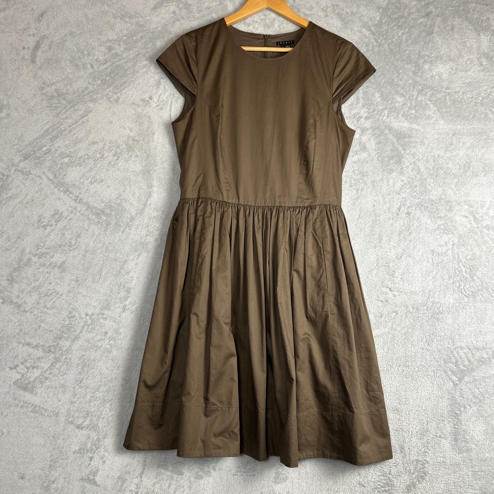 Theory Dress Cap Sleeve Fit Flare Midi Dress 8 Brown Flirty Holiday‎ Party Work